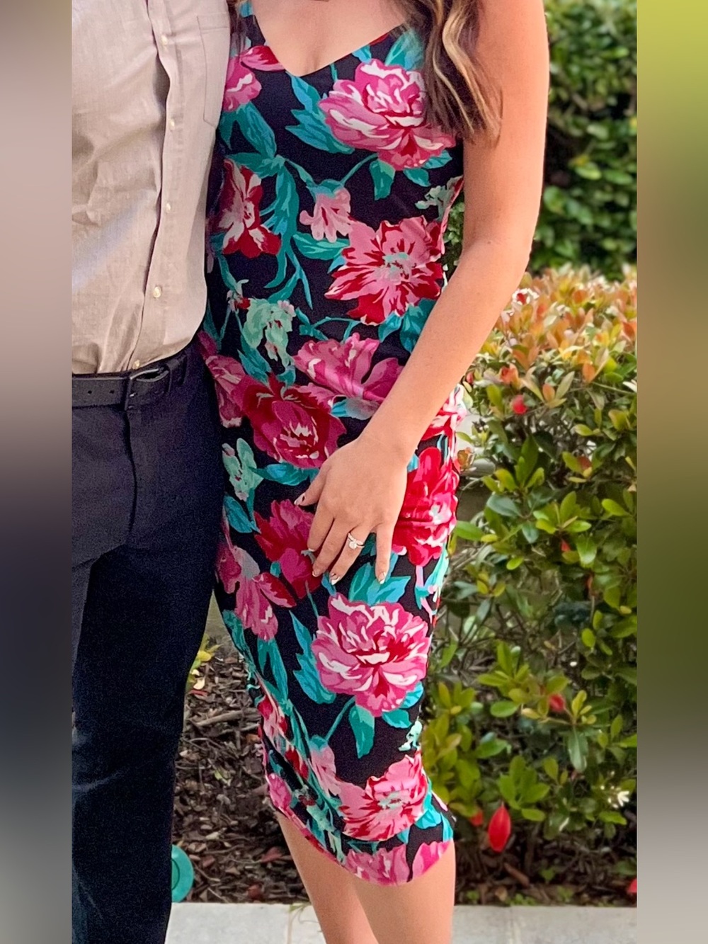 AFRM Black Midi Slip Dress with Pink Floral Print